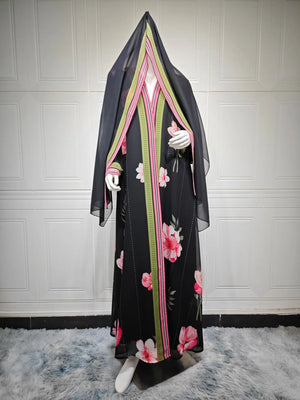 Black Floral Border Abaya & Hijab Set — product view 6