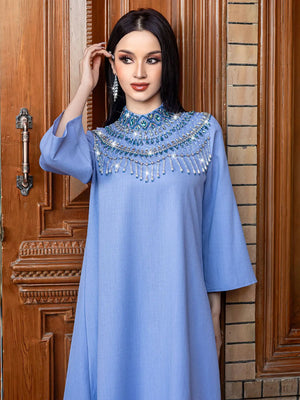 HIA Beaded-Yoke Occasion Maxi Dress — Neckline and sleeve view