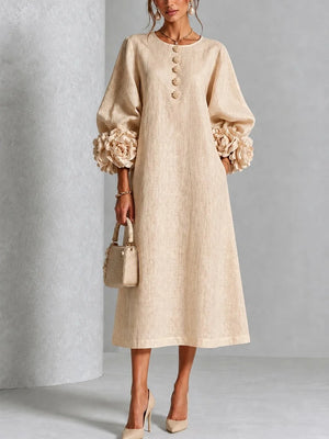 HIA floral cuff textured midi dress — Olive front view