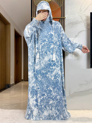 Tie-Dye Hooded Prayer Dress — Blue Print | HIA