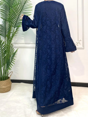 HIA Floral Lace Abaya & Inner Dress Set — Navy, back view