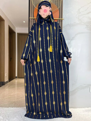HIA Gold-Accent Hooded Prayer Dress in Navy, full front view