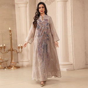 HIA Sequined Botanical Embroidered Abaya — Purple front view