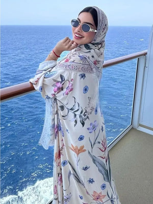 HIA Floral Border Open Abaya — Ivory Floral, scarf styling by the sea