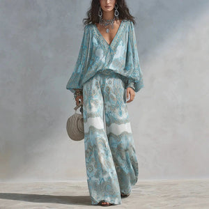 Seafoam Paisley Blouse & Wide-Leg Pants Set — front walking view
