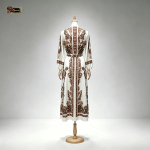 HIA ivory and brown floral belted dress — mannequin front view