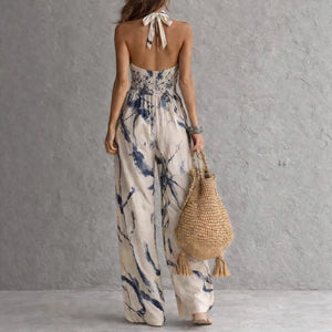 Ink Print Halter Wide-Leg Jumpsuit — back view