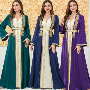 HIA Gilded Trim Abaya & Dress Set — Navy front
