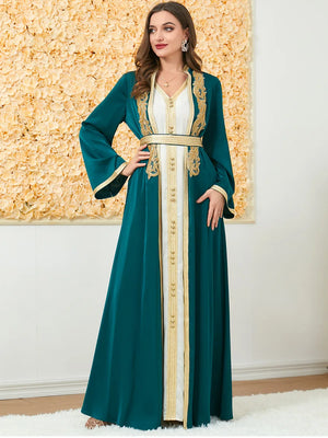 HIA Gilded Trim Abaya & Dress Set — Deep Green styled front