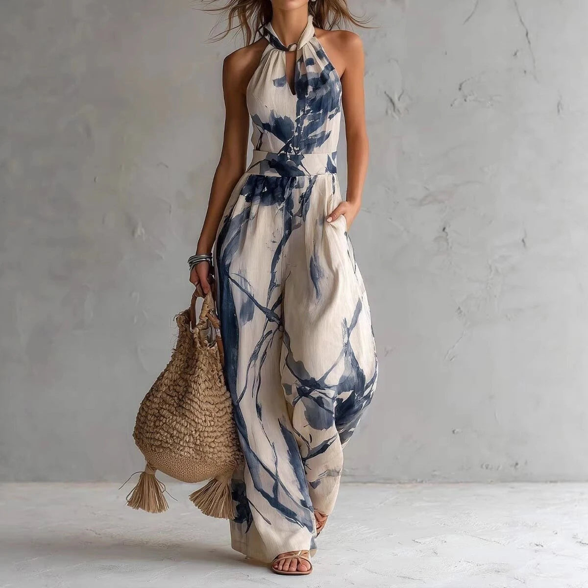 Ink Print Halter Wide-Leg Jumpsuit — front view