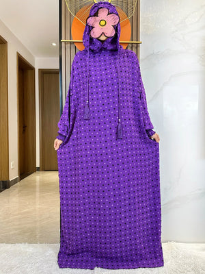 Purple fine-dot hooded prayer dress, full-length front view