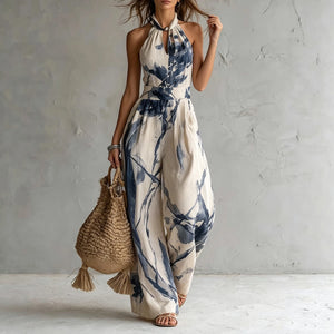 Ink Print Halter Wide-Leg Jumpsuit — full-length outfit view