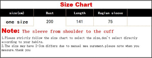 Supplier garment size chart: bust 200 cm, length 141 cm, shoulder-to-cuff sleeve 75 cm