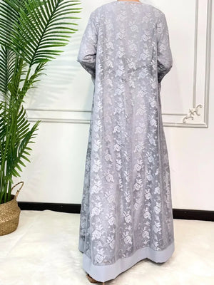 HIA Floral Lace Abaya & Inner Dress Set — Light Gray, back view