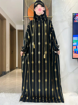 HIA Gold-Accent Hooded Prayer Dress in Black, full front view