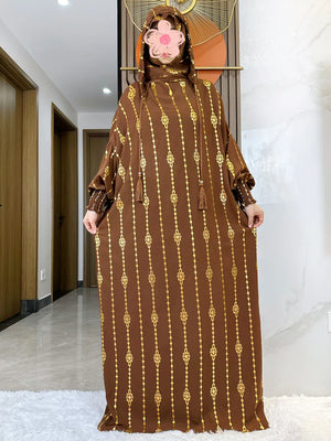 HIA Gold-Accent Hooded Prayer Dress in Brown, full front view