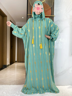 HIA Gold-Accent Hooded Prayer Dress in Mint, full front view