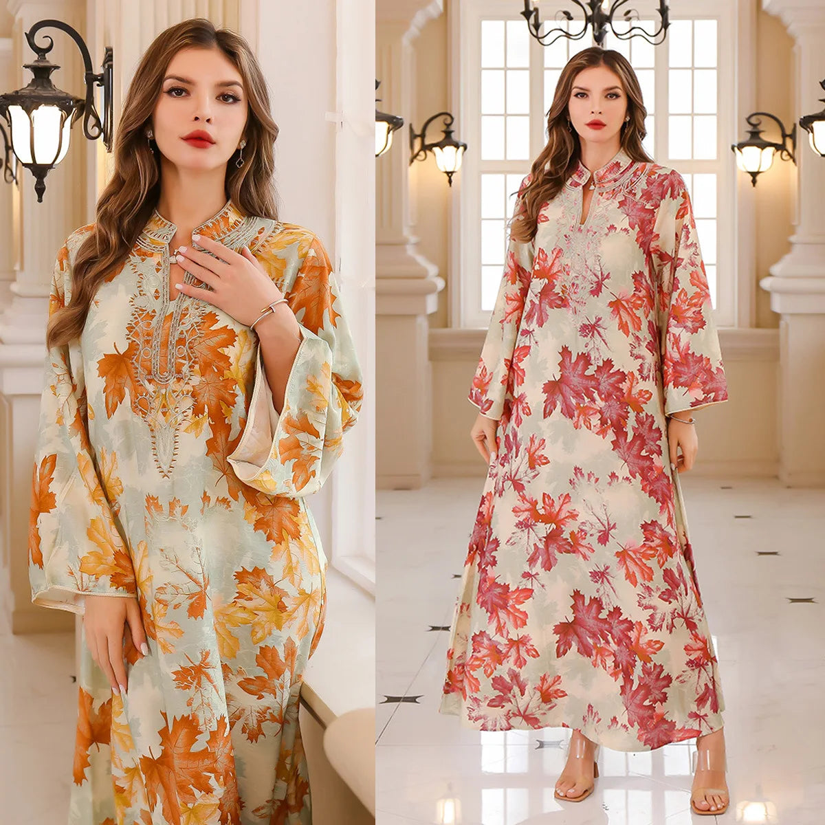 Maple Leaf Print Kaftan Dress — Orange and Orange Red views