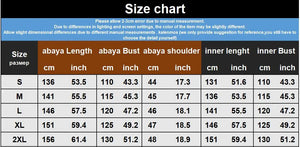 HIA Floral Lace Abaya & Inner Dress Set — Supplier size chart for outer abaya and inner dress