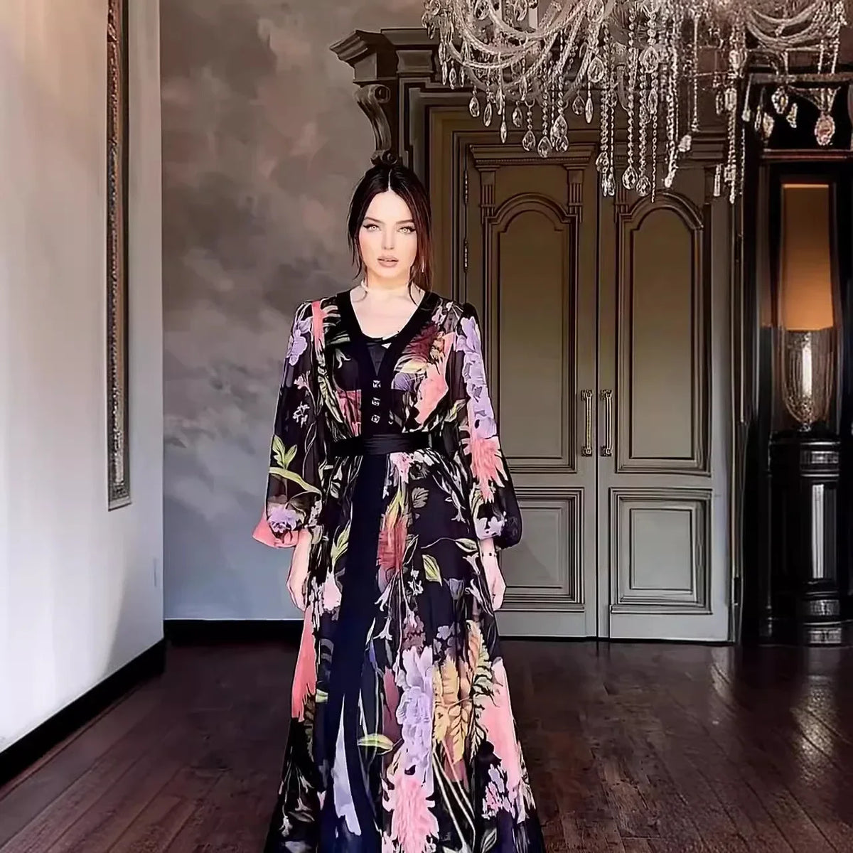 Midnight Floral Tie-Waist Maxi Dress | HIA