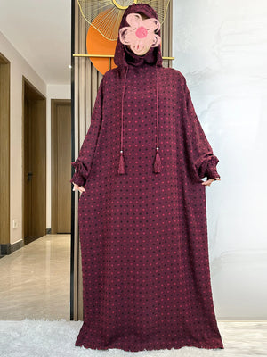 Burgundy fine-dot hooded prayer dress, full-length front view