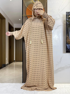Beige fine-dot hooded prayer dress, full-length front view