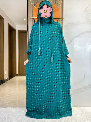 Teal fine-dot hooded prayer dress, full-length front view