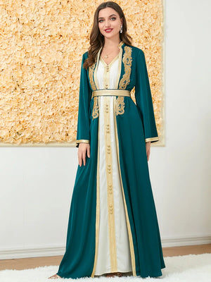 HIA Gilded Trim Abaya & Dress Set — Deep Green front