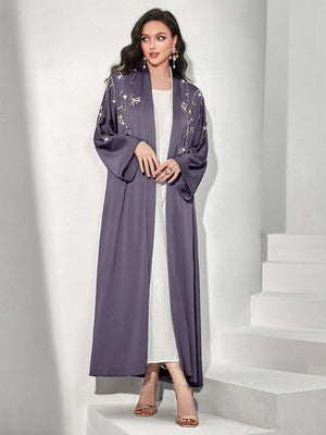 HIA Celestial Beaded Open Abaya — Gray purple full-length view