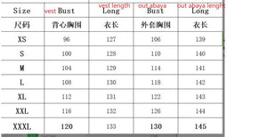 Supplier measurements for outer abaya and inner layer, XS to XXXL