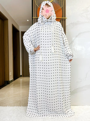 White Textured Dot Hooded Prayer Dress