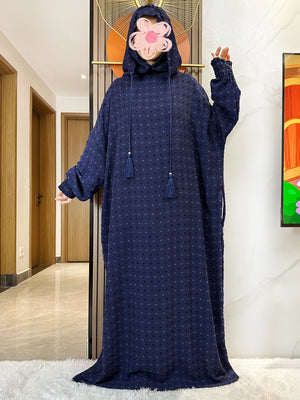 Navy Textured Dot Hooded Prayer Dress with raised sleeve
