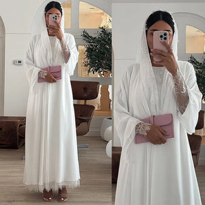 HIA White Lace-Trim Open Abaya & Hijab Set — full-length and close-up styling