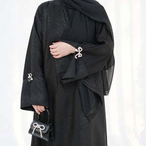 HIA Bow-Cuff Satin Abaya — Gray full-length