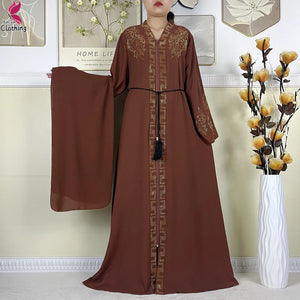 Brown Ornate zip-front abaya with belt
