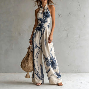 Ink Print Halter Wide-Leg Jumpsuit — wide-leg silhouette