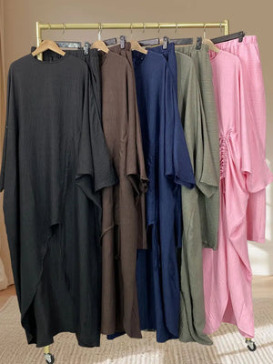 HIA Ruched Crinkle Tunic & Wide-Leg Trousers Set — outfit and fabric detail, view 4