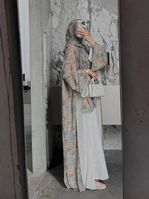 HIA soft floral open abaya and scarf – full-length view
