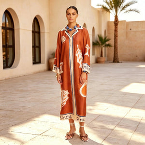 Terracotta art print shirt dress, full-length front view