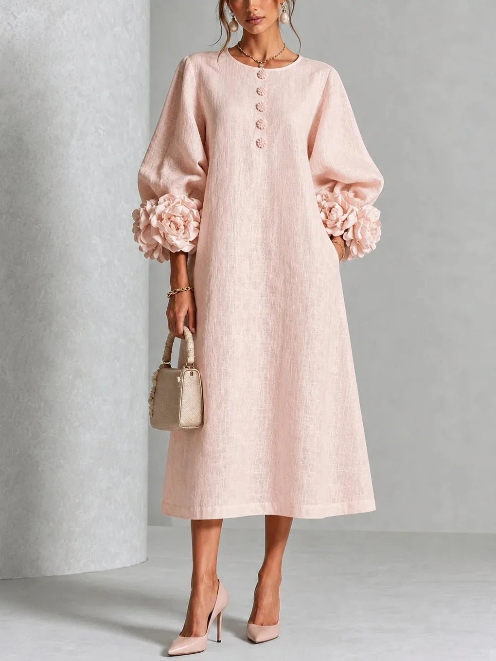 HIA floral cuff textured midi dress — Pink front view