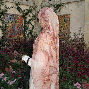 HIA Blush Marble Print Hijab — blush polyester scarf, styling view 1
