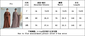 Supplier measurement chart for Size 1 and Size 2 batwing abayas