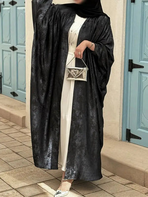 HIA Textured Satin-Look Open Abaya — Black, full front view