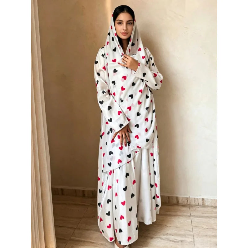Heart Print Abaya & Hijab Set — White with Red and Black Hearts front