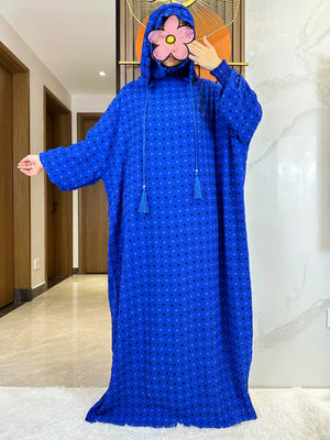 Royal blue fine-dot hooded prayer dress, full-length front view