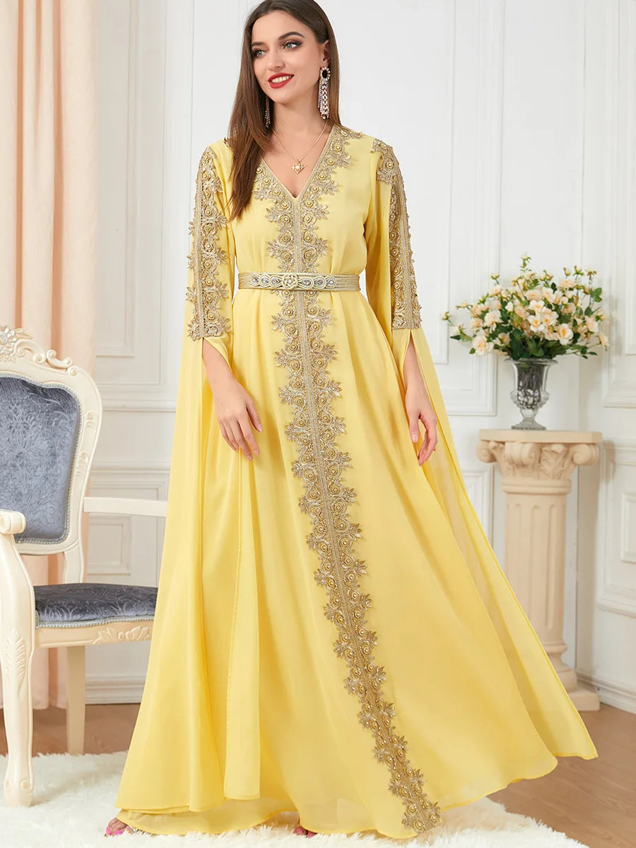HIA Gilded Cape-Sleeve Occasion Dress — Yellow front