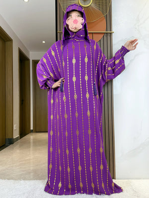 HIA Gold-Accent Hooded Prayer Dress in Purple, relaxed sleeve view