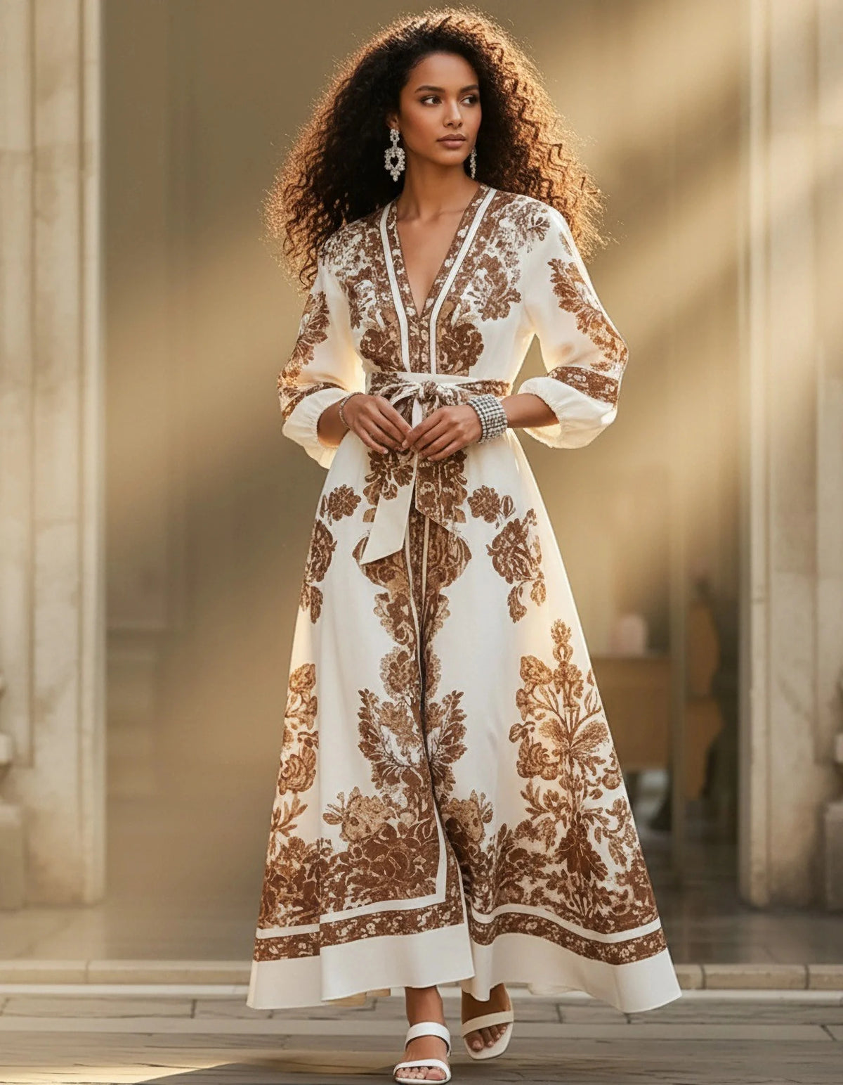 HIA ivory and brown floral belted dress — sleeve detail