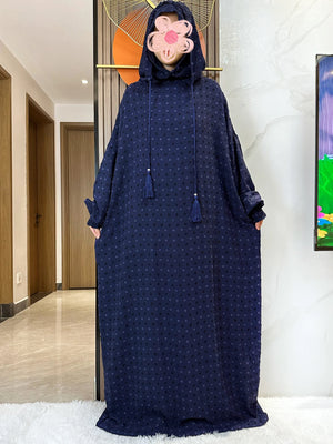 Navy fine-dot hooded prayer dress, full-length front view