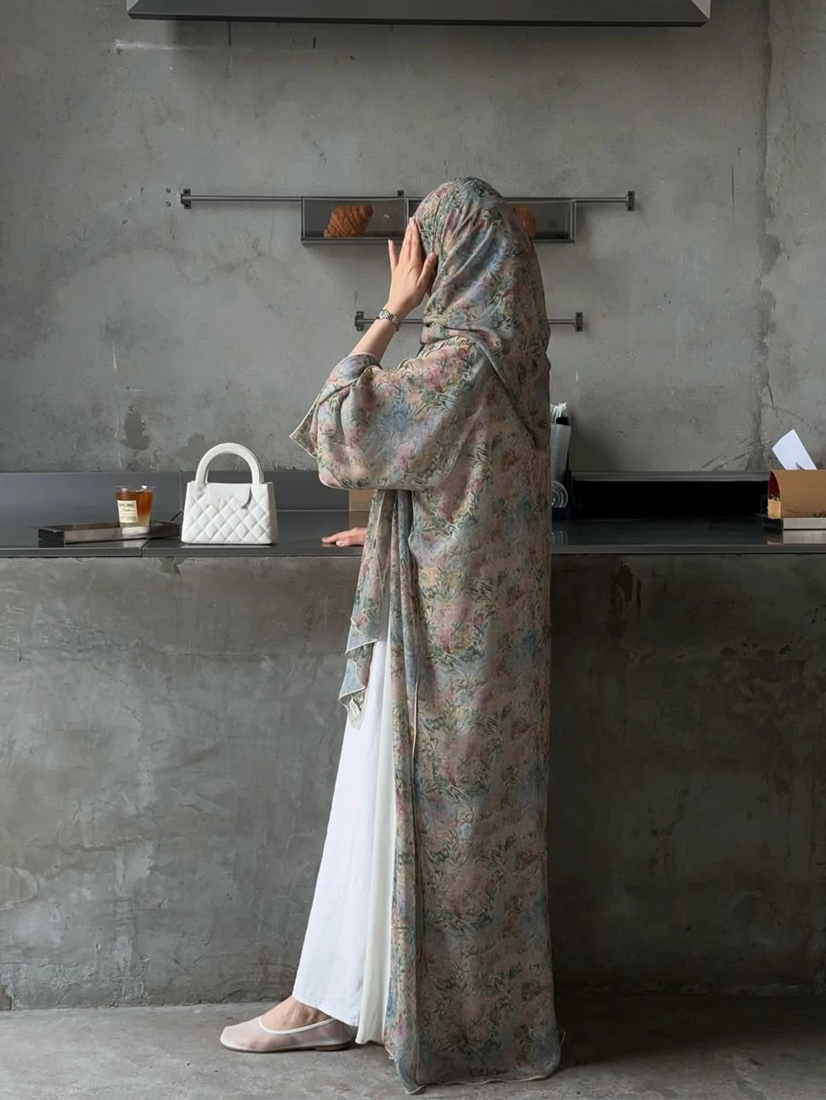 HIA soft floral open abaya and scarf – side view
